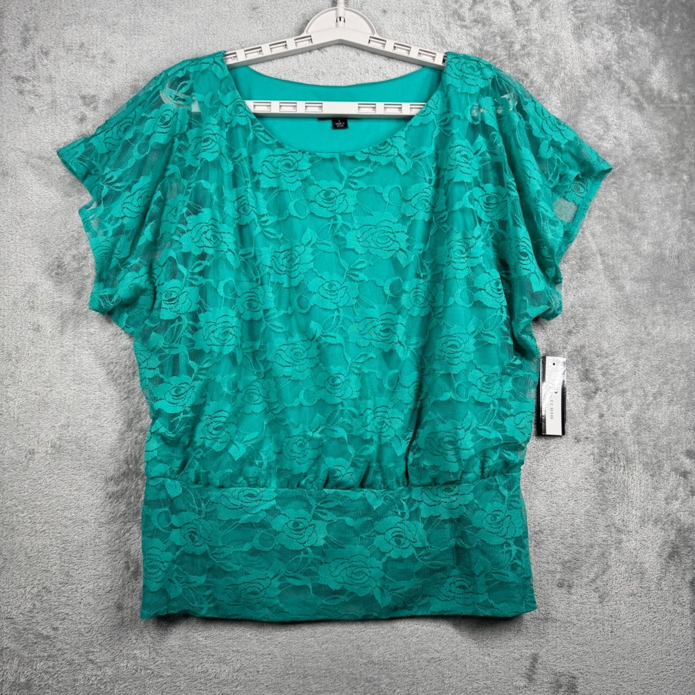 AB Studio Blouse L Green Lace Blouson Top Sheer Lined Overlay Banded Waist‎ Chic - Picture 2 of 12